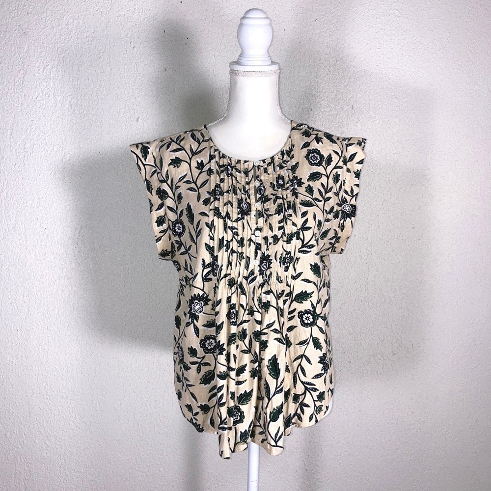 Ann Taylor Womens Linen Blend Floral Pleated Sleeveless Blouse Tan Green M